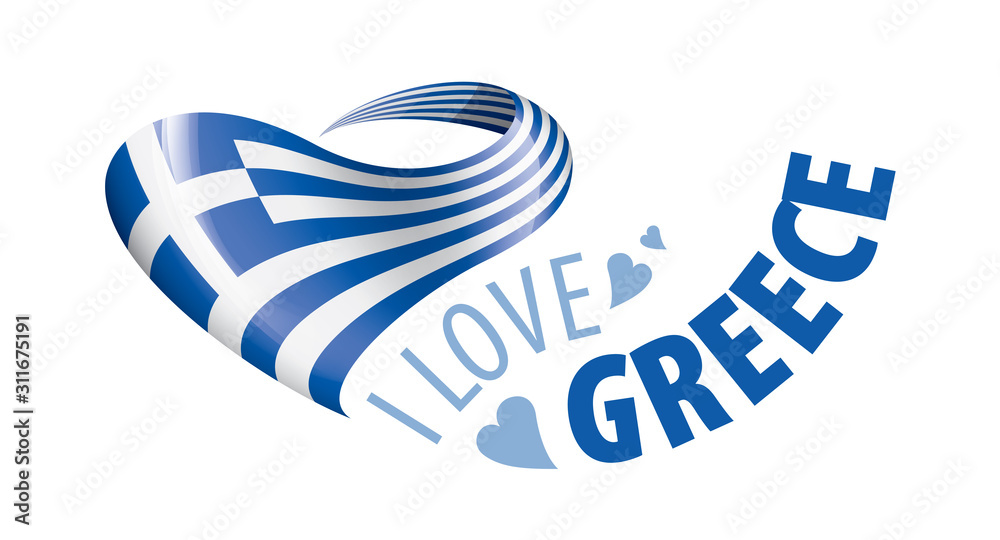 Obraz premium The national flag of the Greece and the inscription I love Greece. Vector illustration
