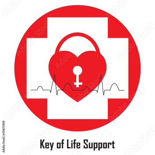 Padlock with keyhold heart shape on white cross plus with normal EKG graph pattern isolated on white background.Concept  key of cardiac life support ,Heart day ,Logo health care.Vector.Illustration.