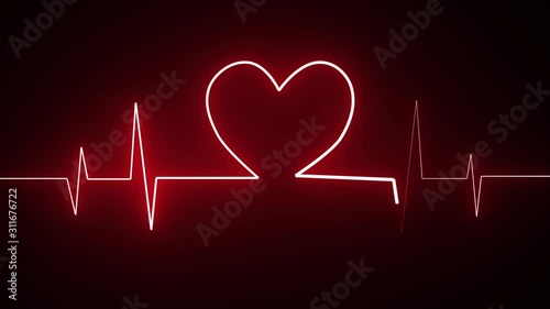 Cardiogram in heart shape heartbeat heat pulse glowing red neon light loop animated background photo