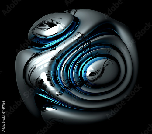 3d render of abstract art 3d ball in organic curve round wavy smooth and soft bio form in grey matte dirty aluminum metal material with glossy parts in light blue color on black background
