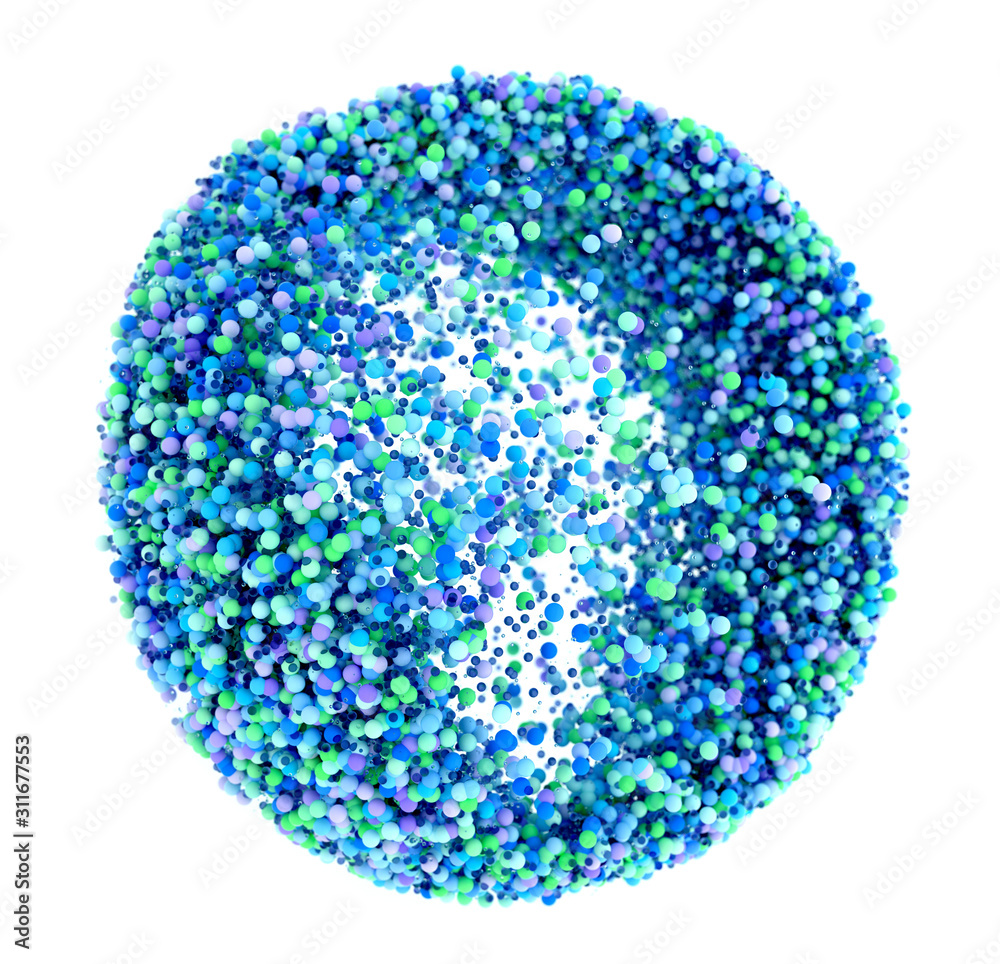 3d render with depth of field effect of abstract sphere based on small balls particles in green blue purple and violet color on white background 3d render with depth of field effect of abstract sphere based on small balls particles in green blue purple and violet color on white background