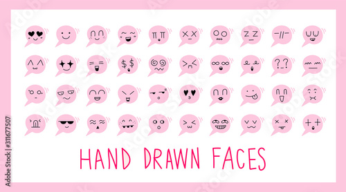 Hand draw face emoji with different emotions icon isolated on white background. Character creative vector illustration EPS10. Set of doodle cute cartoon feelings with art pink pastel speech bubble.
