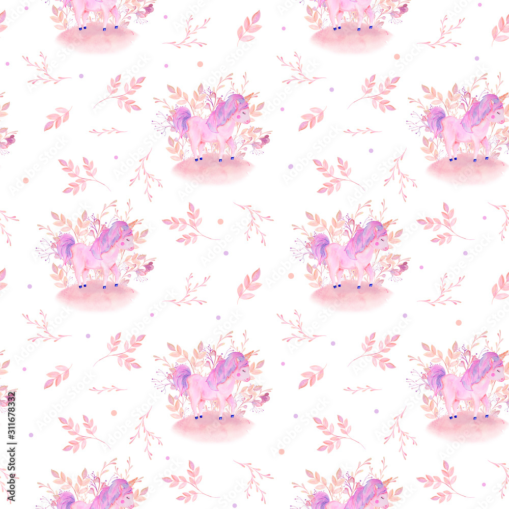 watercolor seamless pattern pink unicorn and flowers