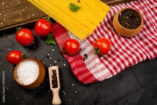 Italian healthy food background with ingredients ready for cooking. Horizontal with Copy Space. Flat Lay. Healthy Meditteranian Italian Food Concept. photo