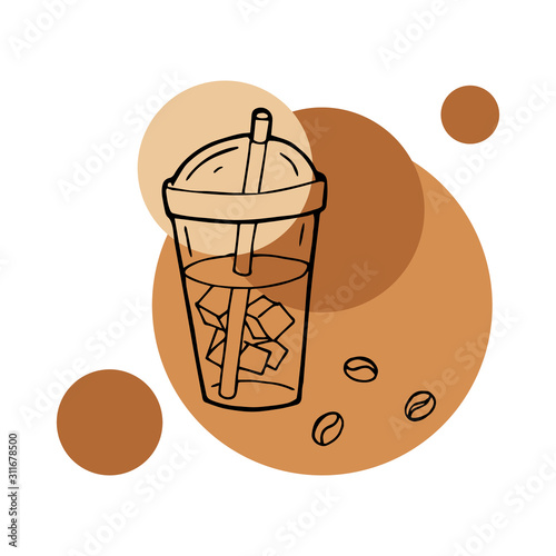 Hand drawn layout of logo with iced coffee takeaway cup. In doodle style, black outline on round caramel color background. Cute element for cards, social media banners, stickers. Vector illustration