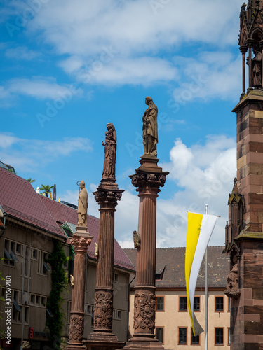 Freiburg, Germany - June 23rd, 2019: Freiburg Minster is the cathedral of Freiburg im Breisgau, southwest Germany.