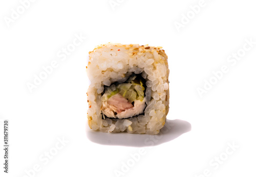 white sushi with salmon covered with sesame seeds on a white background