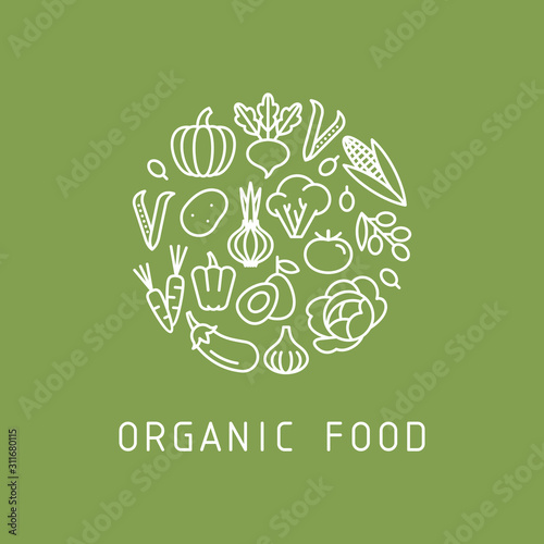 Organic food text and symbols. Vegetables vector set. Healthy diet product.
