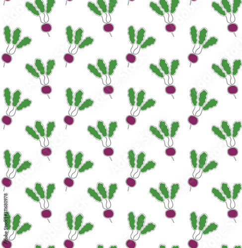 Radish seamless pattern with leaves on a white background. Contours from one line. Vegetable texture. Vector.