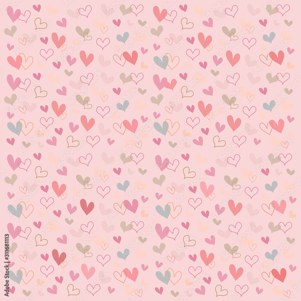 Hand drawn pretty mini modern sweetest red ,pink ,grey and gold heart pattern isolated on pink bankground.Desing for element of valentine day ,Wedding card ,Print ,Gift wrapping paper ,Love.Vector.