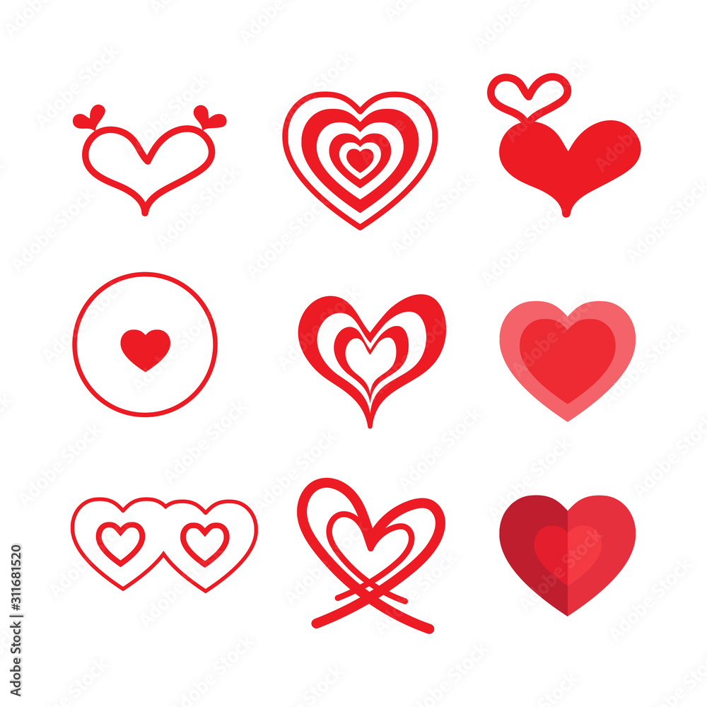 Hand drawn cute heart shape collection set in different patterns isolated on white background. Design for elements of Valentines Day, Wedding card, Postcard, Flat icon , Love logo. Vector Illustration