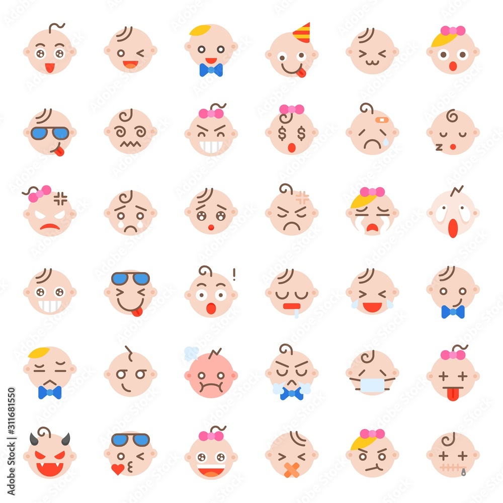 Baby face icon set, flat design vector illustration