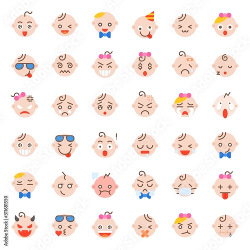 Baby face icon set, flat design vector illustration