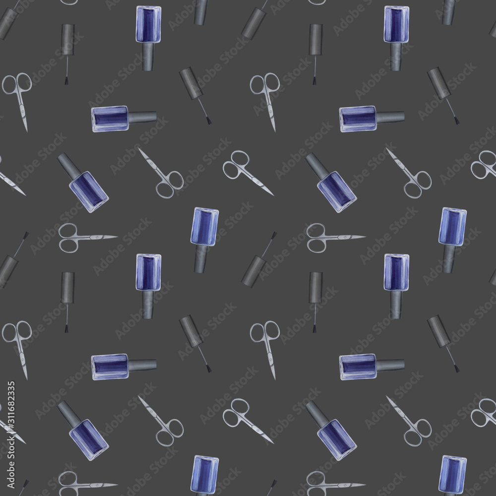 Watercolor seamless pattern with nail polish and tools. Hand drawn illustration. Watercolor seamless pattern with nail polish and tools. Hand drawn illustration.