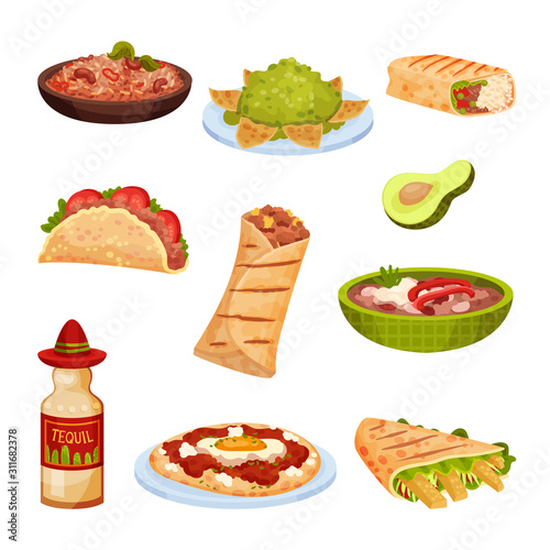 Mexican Snacks and Dishes Vector Set. Appetizing Traditional Courses and Starters Collection