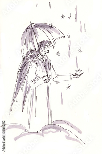 hand drawing angel with wings and an umbrella under a starfall