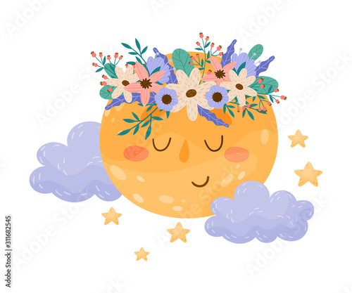 Fotografija Cute Smiling Full Moon with Flowers Attached to its Body Vector Illustration