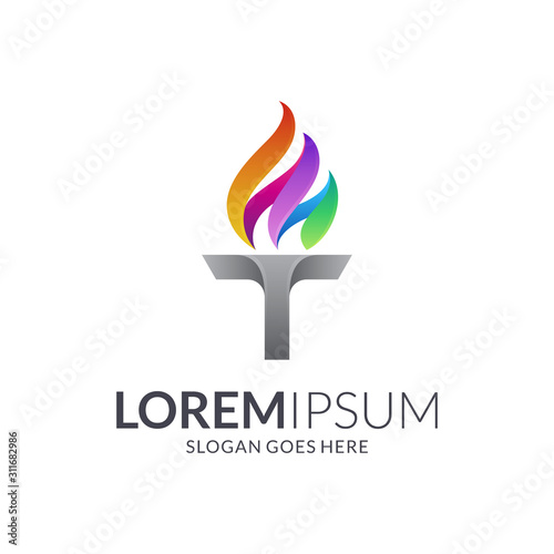 Torch colorful logo. Letter T logo. Torch fire vector illustration