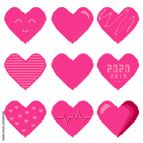 Set of vector pixel heart isolated on a white background. Valentine day.