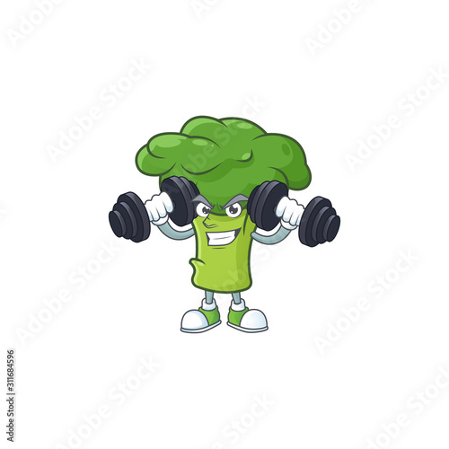 Fitness exercise green broccoli mascot icon with barbells