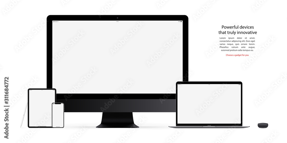 smartphone, tablet, computer monitor, laptop, stylus, and mouse with blank screen isolated on white background. realistic and detailed mockup gadgets and devices. stock vector illustration smartphone, tablet, computer monitor, laptop, stylus, and mouse with blank screen isolated on white background. realistic and detailed mockup gadgets and devices. stock vector illustration