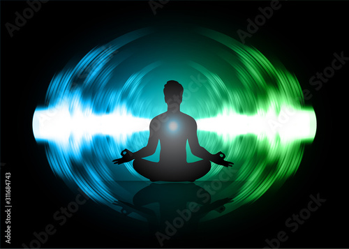 man meditate dark black abstract background, yoga. ray. beam. Buddhist Hindu meditation.