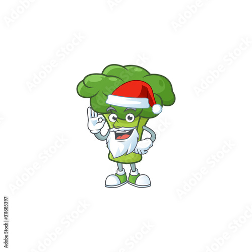 Happy green broccoli in Santa costume mascot style