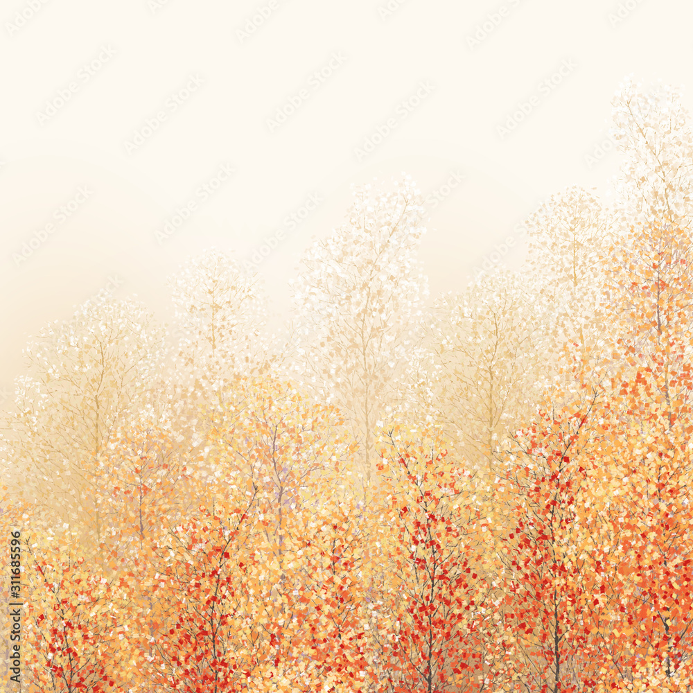 Digital painting landscape - autumn forest, full of fallen leaves, colorful picture , abstract drawing