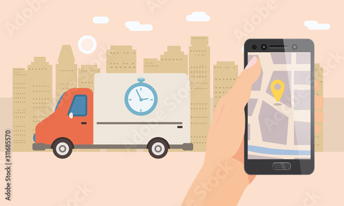 Delivery truck service. Hand hold smartphone application for parcel shipment tracking map