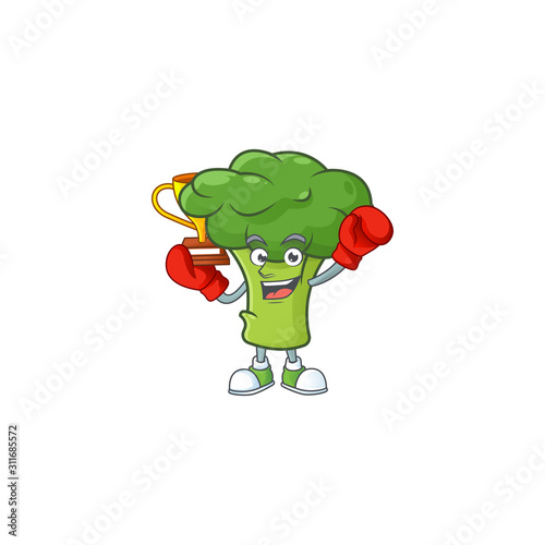 Super cool Boxing winner green broccoli in mascot cartoon style