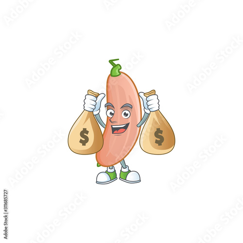 Happy banana squash cartoon character with two money bags