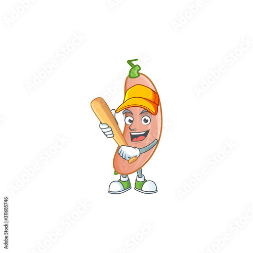 Funny smiling banana squash cartoon mascot with baseball
