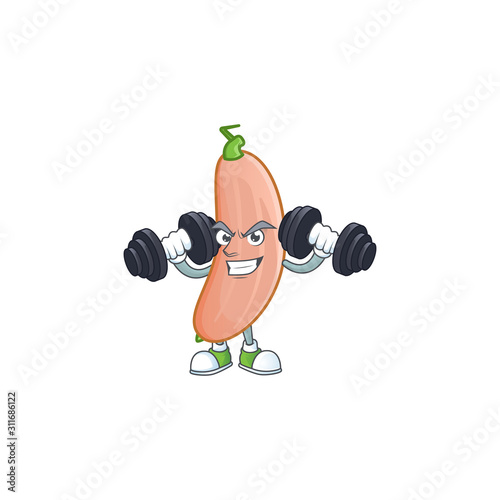 Fitness exercise banana squash mascot icon with barbells