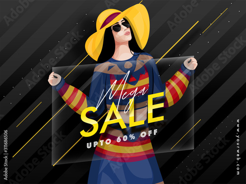 Mega Sale Banner or Poster Design with 60% Discount Offer and Modern Young Girl on Black Striped Background for Advertising Concept.