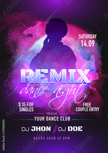 Remix Dance Night Party Flyer Design with Silhouette Woman and Event Details on Purple Watercolor Splash Background.