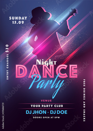 Night Dance Party Flyer Design with Silhouette Guy Playing Guitar and Venue Details.