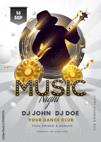 Music Night party template or flyer design with silhouette guy playing guitar, woofers and venue details on grey rays background.