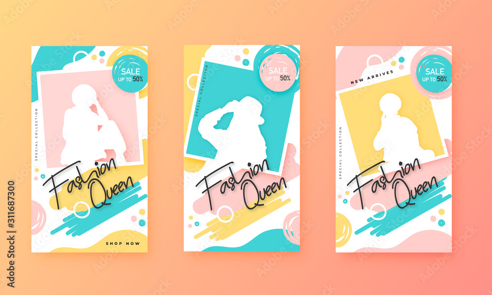 Sale template or flyer design set with 50% discount offer and silhouette woman image on abstract background for Fashion Queen.