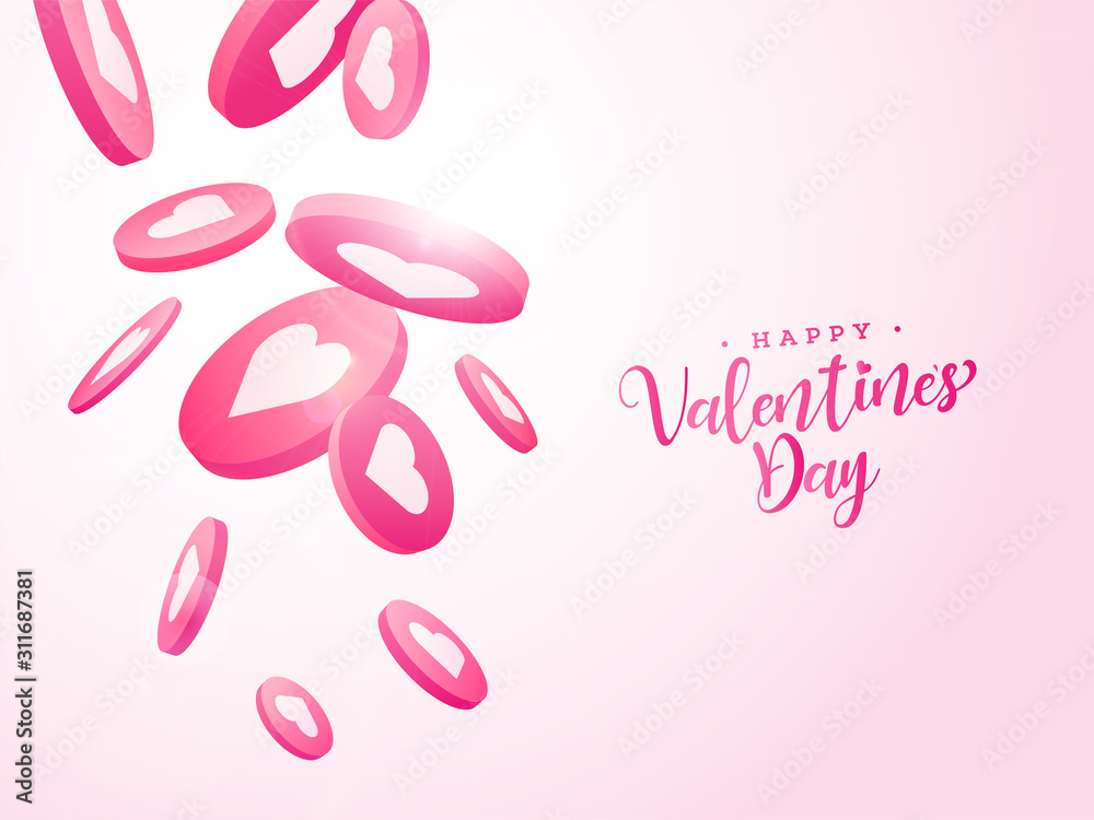 Happy Valentine's Day Font and 3D Heart Shapes Decorated on Pink Background.