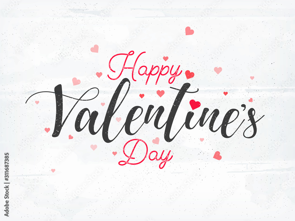 Happy Valentine's Day Font Decorated with Tiny Hearts on White Texture Background. Happy Valentine's Day Font Decorated with Tiny Hearts on White Texture Background.