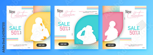 Collection of web poster design with silhouette woman and 50% discount offer on abstract background for New Collection Sale.
