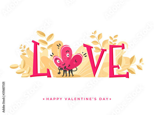 Pink Love Text with Cartoon Hearts Couple Hugging on Leaves White Background for Happy Valentine s Day.