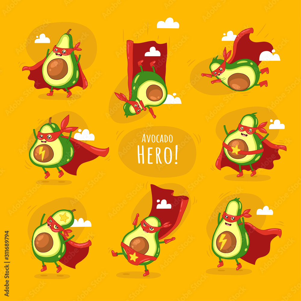 Funny cartoon character of avocado super hero.