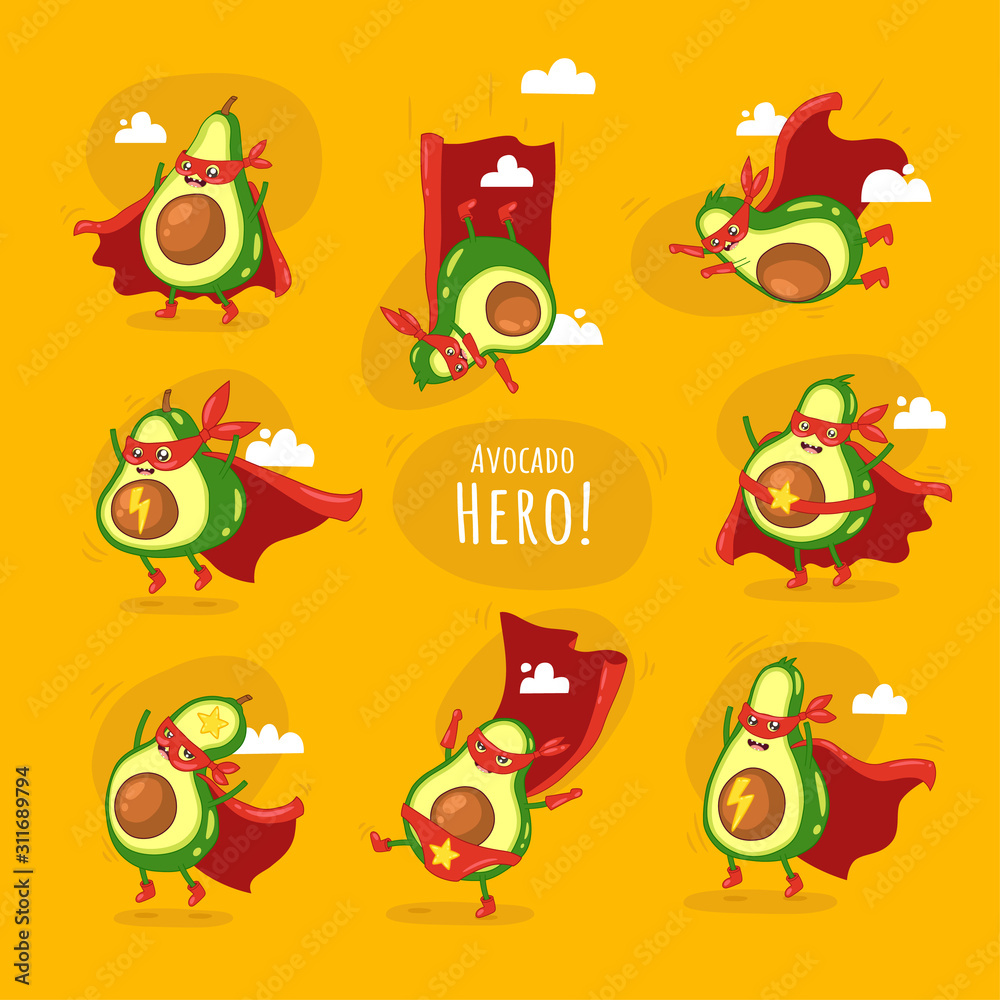Funny cartoon character of avocado super hero. Funny cartoon character of avocado super hero.