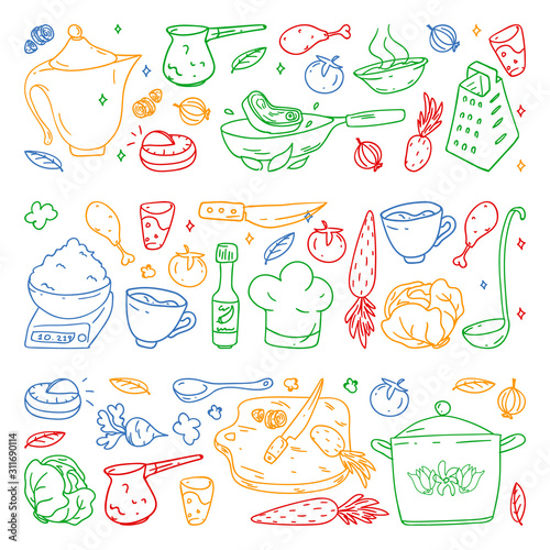 colored pattern drawn by crayons, gastronomy icons, vector cuisine and fast food cafe bright background for menu, receipts.