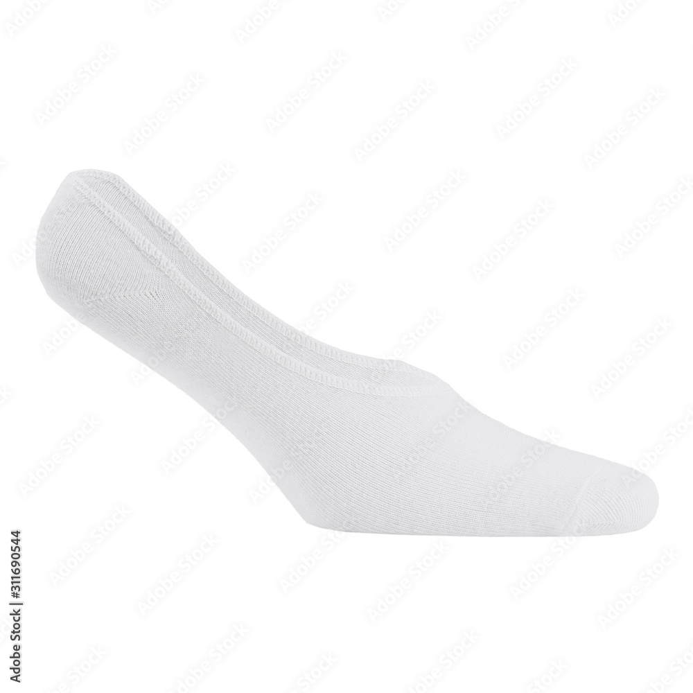 Blank white cotton sport short sock on invisible foot isolated on white background as mock up for advertising, branding, design, side view, template. Blank white cotton sport short sock on invisible foot isolated on white background as mock up for advertising, branding, design, side view, template.
