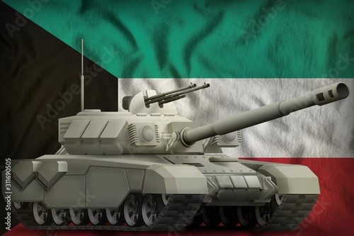 heavy tank on the Kuwait national flag background. 3d Illustration