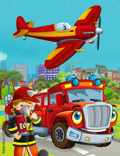 cartoon scene with fireman vehicle on the road driving through the city and plane flying over and fireman standing near - illustration for children