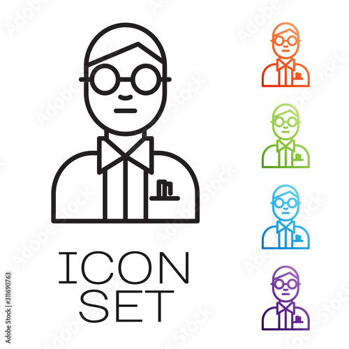 Black line Scientist icon isolated on white background. Set icons colorful. Vector Illustration