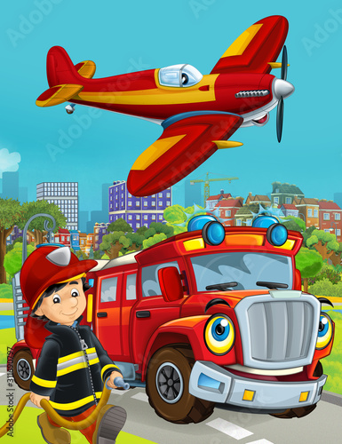 cartoon scene with fireman vehicle on the road driving through the city and plane flying over and fireman standing near - illustration for children